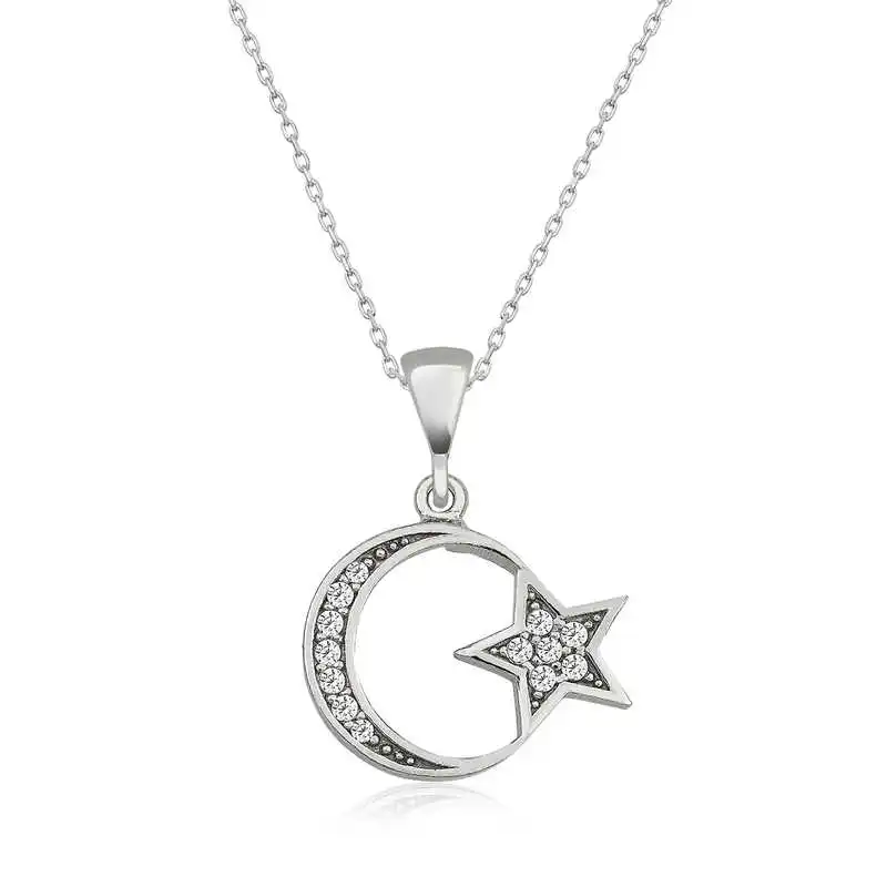 Silver Moon Star Women 'S Necklace Zircon Stone 925 Sterling Women Fine Jewelry Wedding Party Birthday Gift - Box - Pendant - Chain Choker - Female - Ladies - Fashion