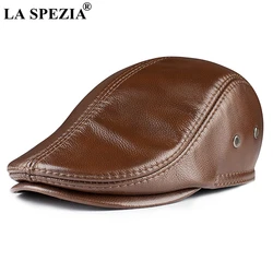 LA SPEZIA Cowskin Mens Beret Real Leather Flat Cap Brown Earflaps Warm Autumn Winter Brand Driver Ivy Hat Newsboy