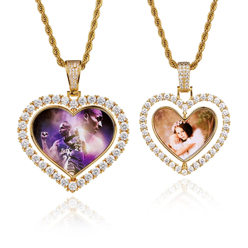 Free Shipping 10pcs/lot Custom Jewelry Double Side Sublimation Heart Rotating Memory Photo Necklaces For MemoryGifts