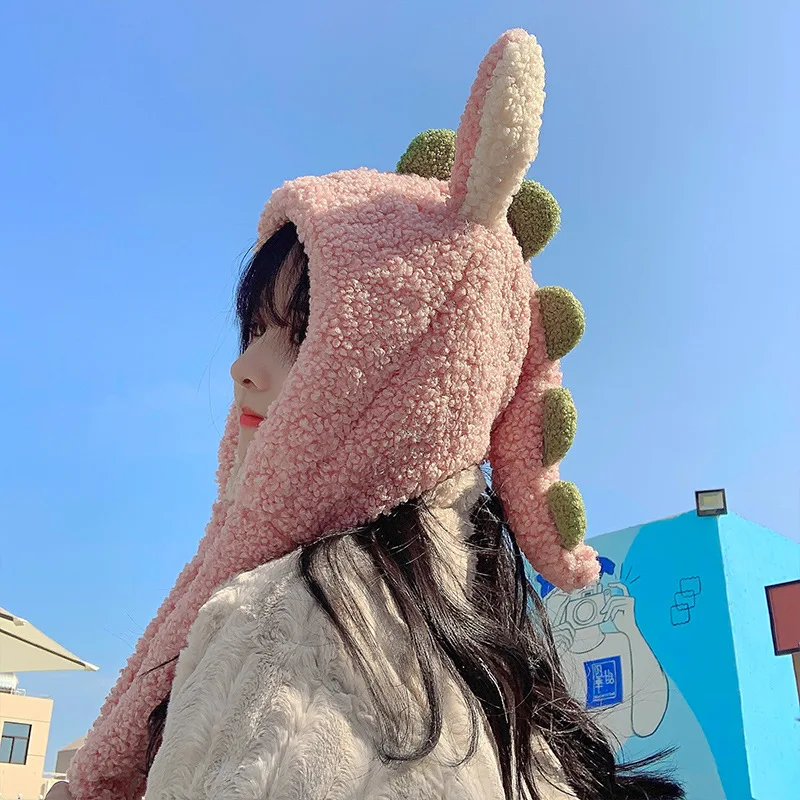 Cute Funny Little Dinosaur Hat Female Autumn and Winter Plus Velvet Warmth Will Move Ears Headdress Lovers Warm Hat