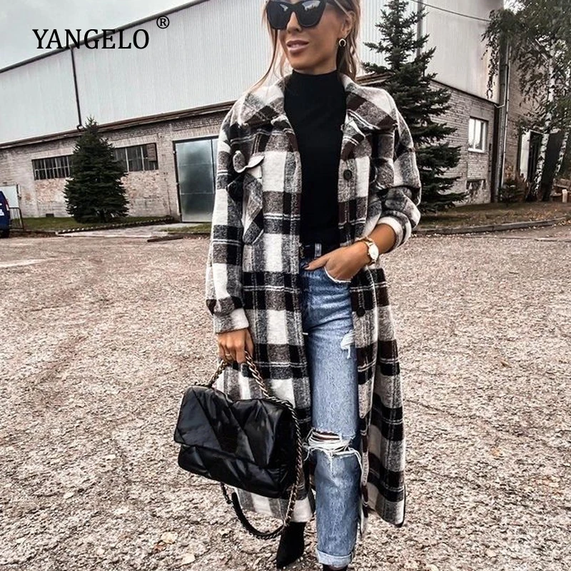 Yangelo Harajuku Plaid Long Coat Women 2021 Autumn Winter Lapel Retro Red Gray Jacket Female Loose Long Sleeve Warm Quilted Coat