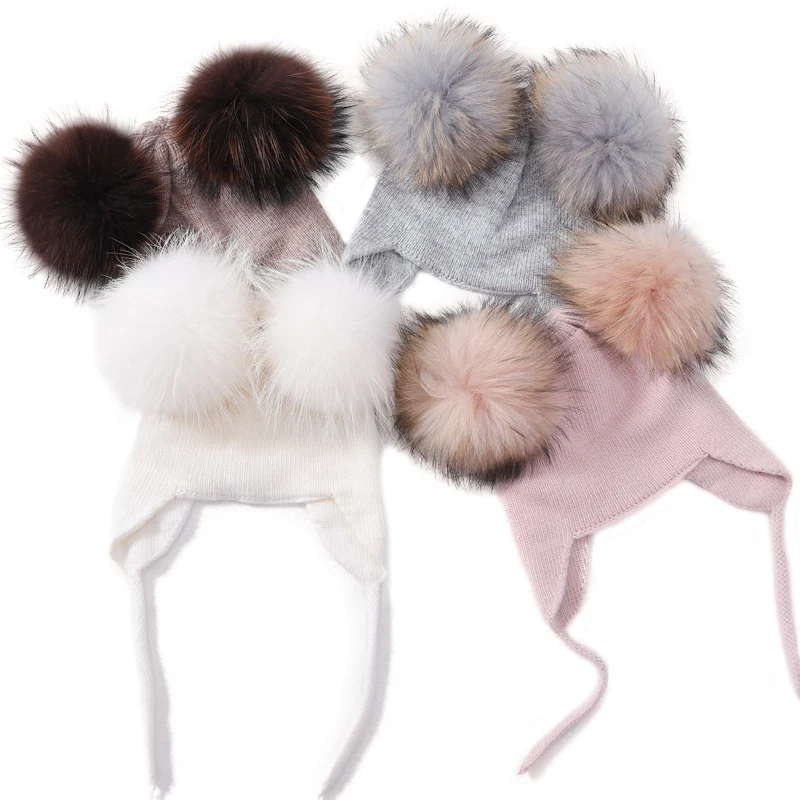 Jxwatcher Winter Kids Beanie Hat Real Big Cute Two Fur Pom Pom Cap Boys Girls Baby Wool Knitted Warm Beanie Children Ears Hats