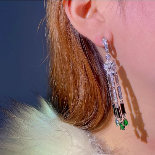 New leopard head black zircon tassel fashion temperament earrings for women full of diamonds earrings