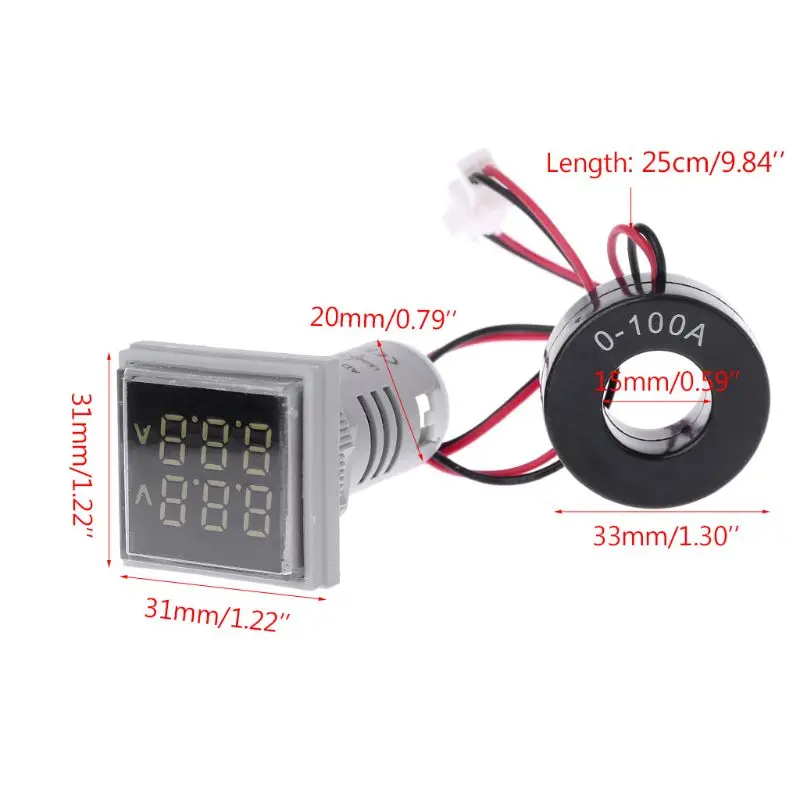 Square LED Digital Dual Display Voltmeter & Ammeter Voltage Gauge Current Meter AC 60-500V 0-100A