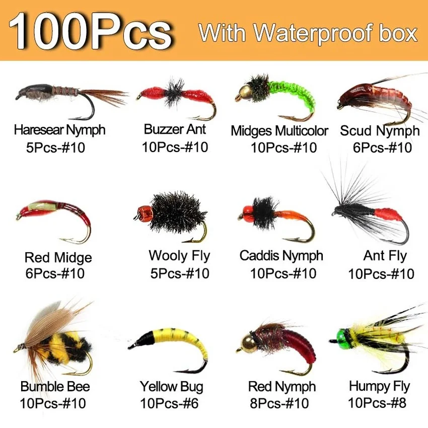 

Fly Fishing Flies Assortment Kit 100pcs Dry Wet Nyphms Popper Streamer for Trout Bass Steelhead Fish