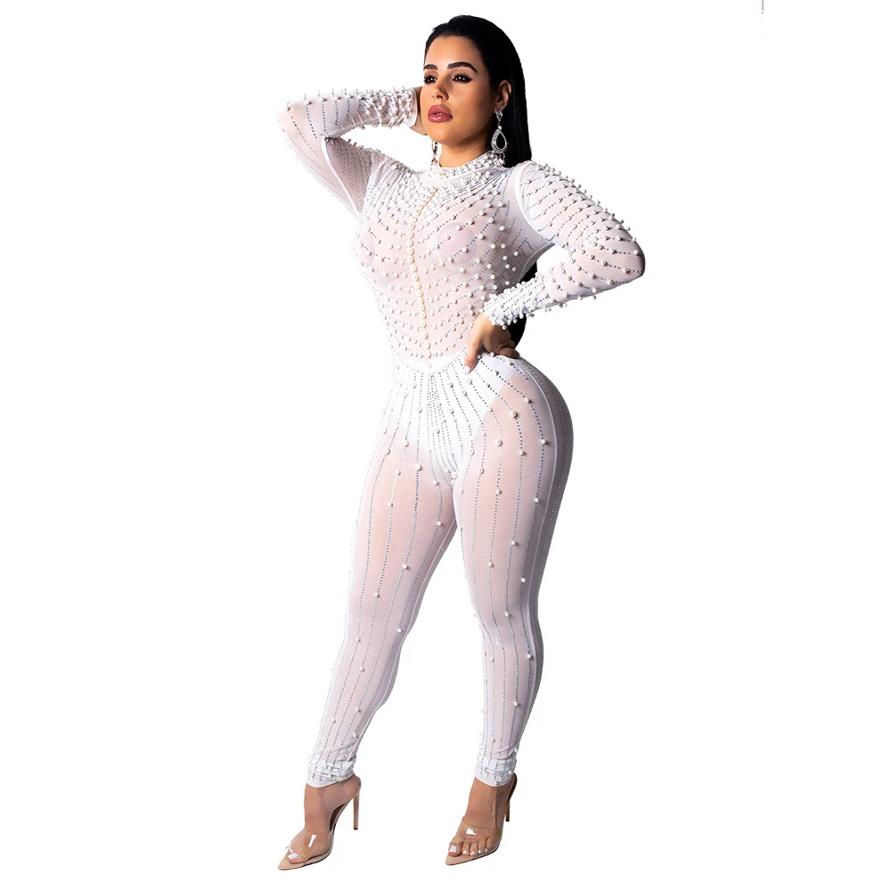 

2021 Female Sexy Slim Arrival Casual Playsuits Clubwear Outfits Women Long Sleeve Stripe Bodycon Sequin Club Jumpsuit