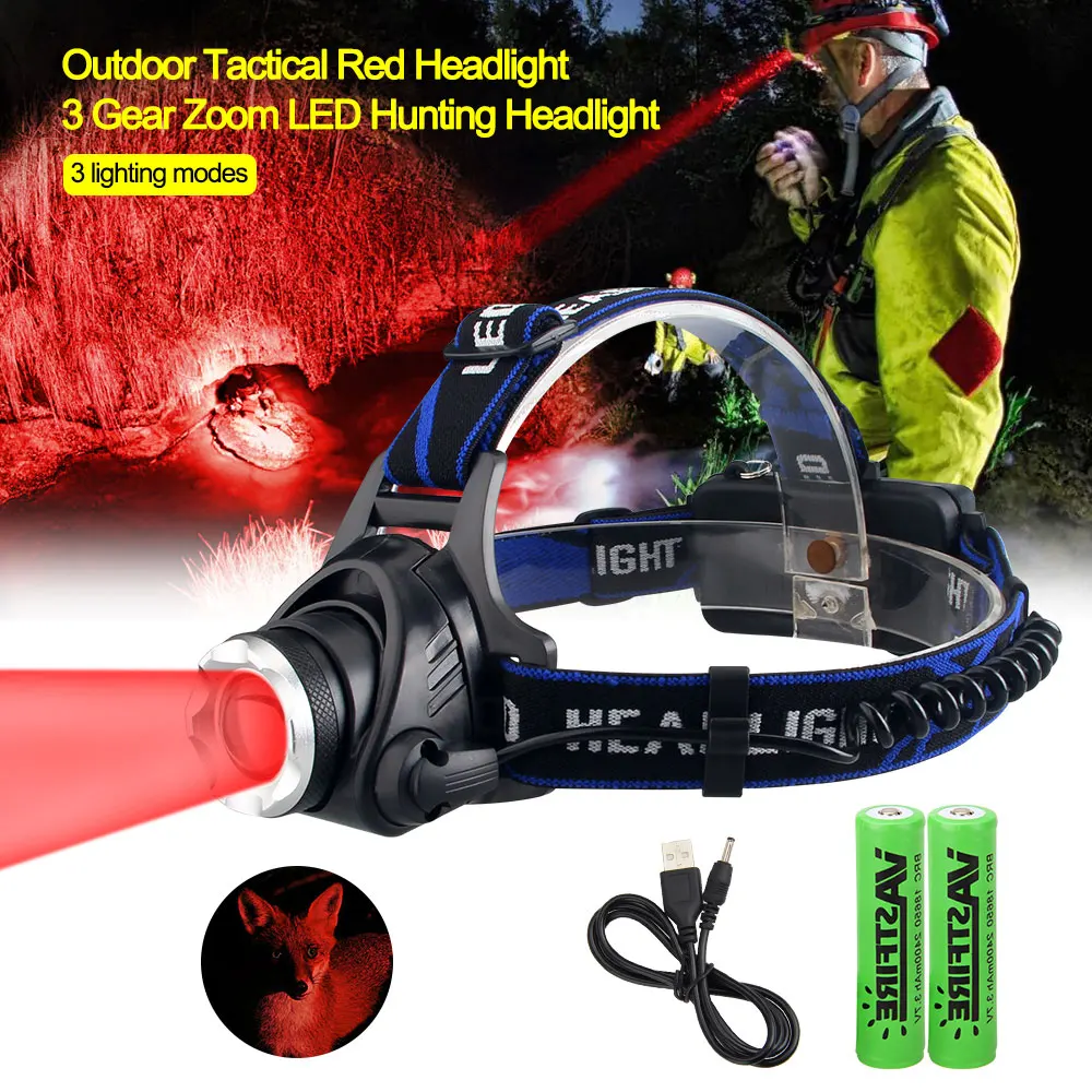 Tactical Red/Green/Purple Light Head Torch Zoomable LED Headlight USB Charging 3 Modes Headlamp Power by 2*18650 Battery