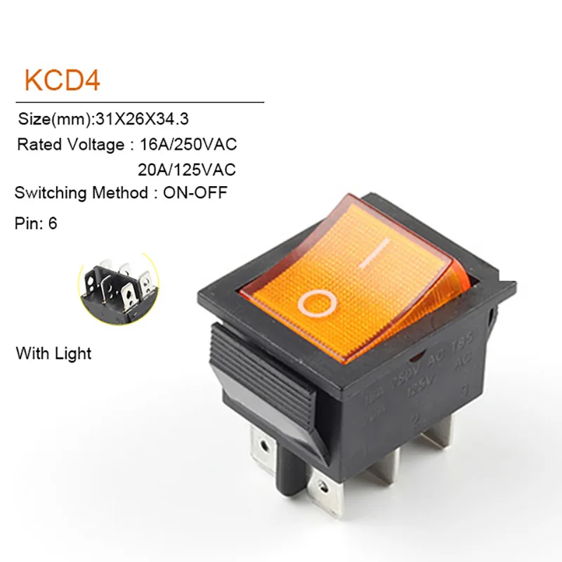 5Pcs 31X26mm Power Rocker Switch KCD4 6Pin 2/3 Position Boat Button Switch With Light 16A 250VAC 20A 125VAC Electrical On-Off