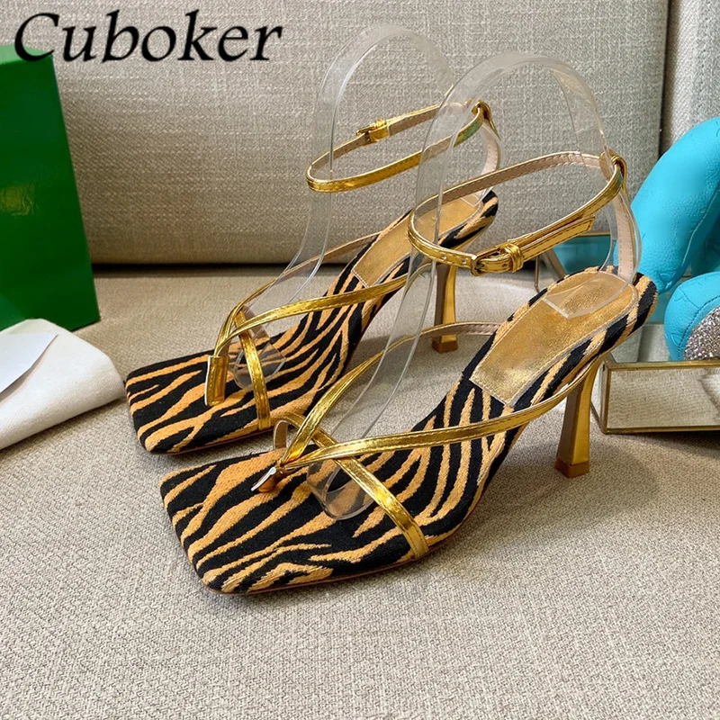 Brand Designer Women High Heels Sandals Multicolor Zebra Stripes Square Toe Clip Toe Sandals Women Heels Party Shoes Women mujer