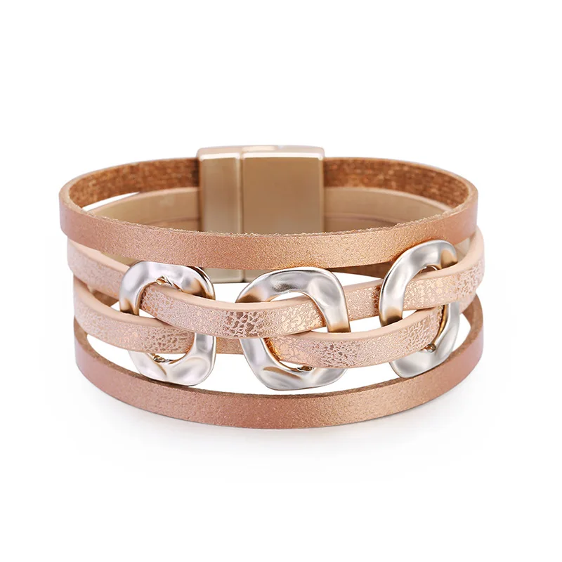 European And American Original Pop Atmospheric Pu Leather Multi-layer Magnet Buckle Hand Woven Bracelet Square Lady Jewelry