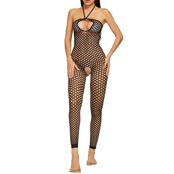 Women Sexy Hollow Out Fishnet Bodysuit Sleeveless Crotchless Bodysuit Nightwear Lingerie See-through Mesh Leotard Bodystocking