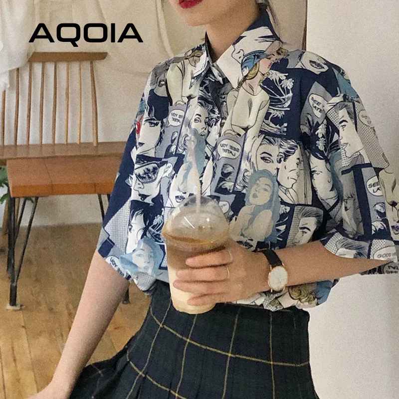 Chic Japanese style Cartoon print Women Shirt Vintage Short Sleeve Button Up Y2K Womens Blouse 2022 Summer Loose Female Shirts