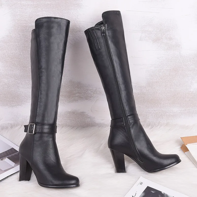 ASUMER 2021 big size 34-43 knee high boots women buckle zip 9cm thick high heel casual shoes woman autumn winter boots black