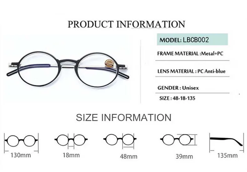 Mai Blume Anti-blau Lesebrille Dünne Protable Presbyopie Brillen Mit Fall Runde Brille Rahmen Für Männer Leser + 1,5 + 2 – Detail 2