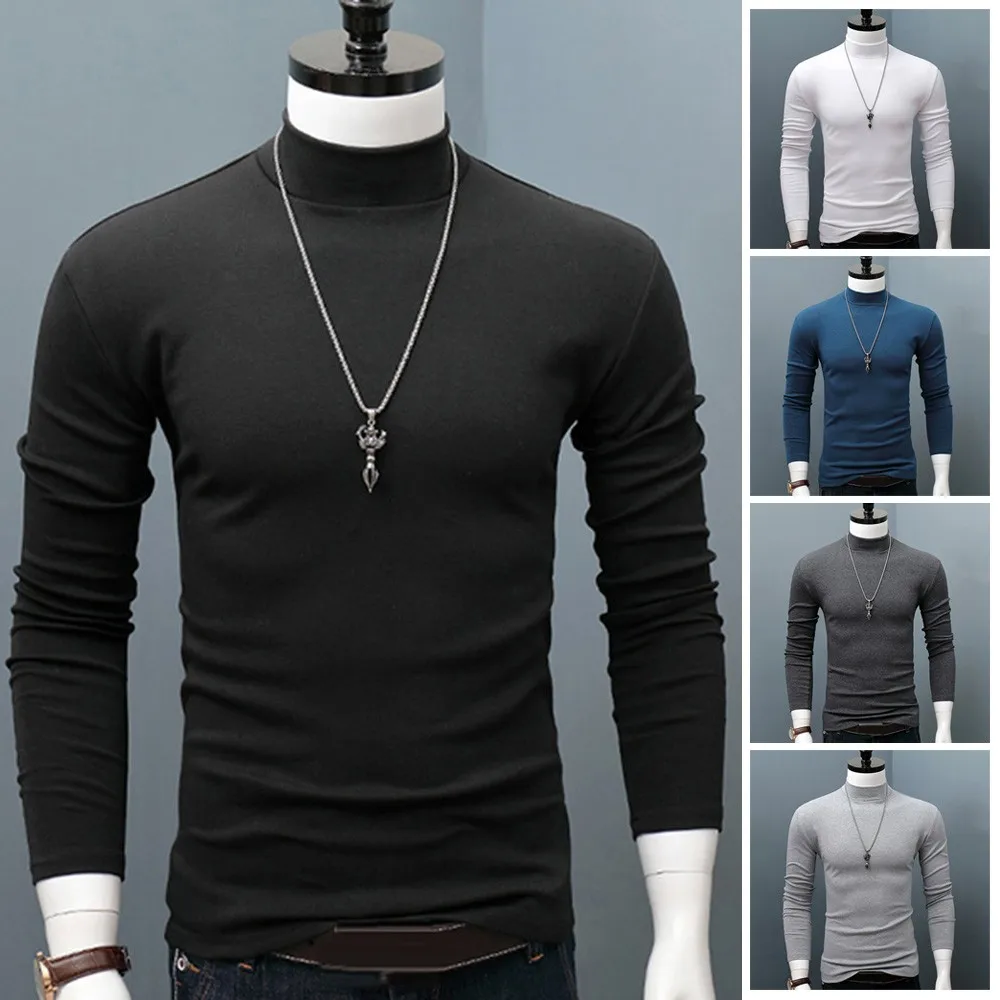 Winter Warm Men Mock Neck Basic Plain T-shirt Blouse Pullover Long Sleeve Top Winter Warm Top Long Bottom Shirt Suit Home Pajama