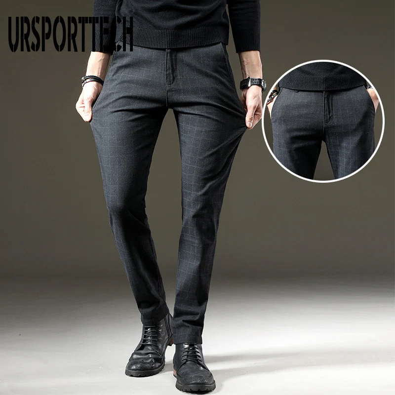 Casual Pants Men Elastic Casual Long Trousers Male Cotton Lattice Straight Gray Work Pant Velvet Men's Autumn Large Size Pants