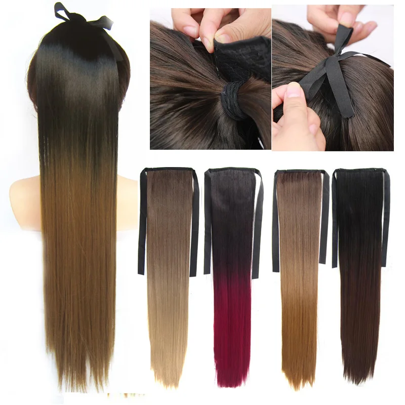 Long Straight Clip on Hair Tail Extension Synthetic Heat Resistant Gradient Color  Ponytail Hiarpieces