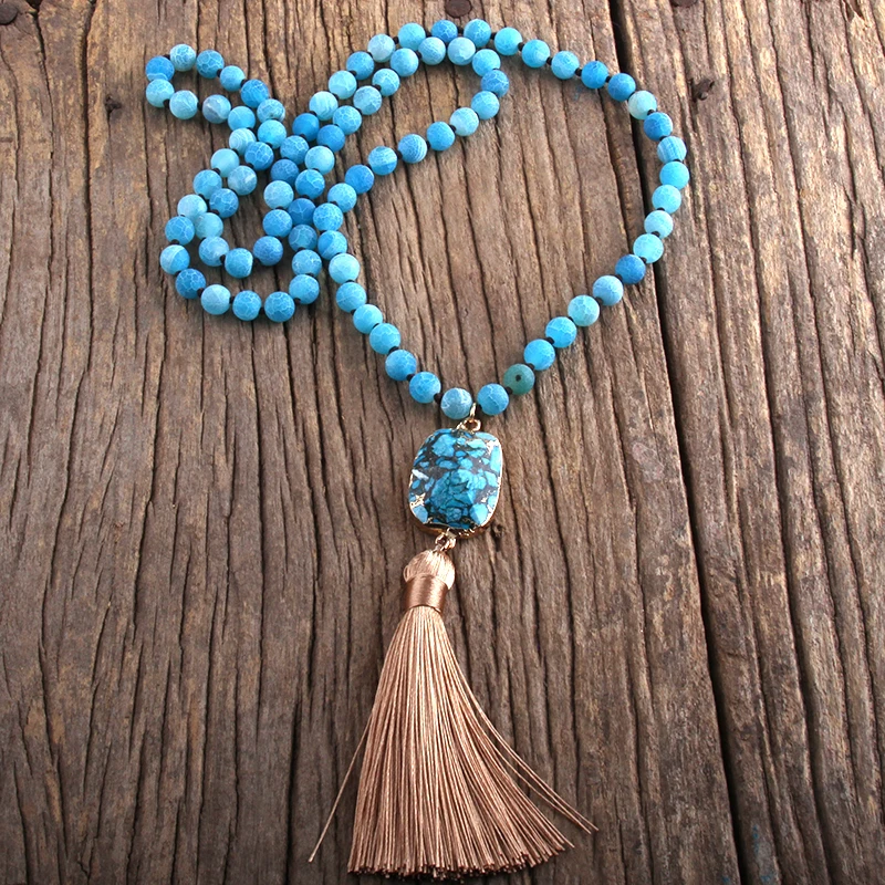 RH Fashion Bohemian Jewelry Natural Stones Knotted  Stone Links Tassel Necklaces Women Necklace Gift Drop Shipping