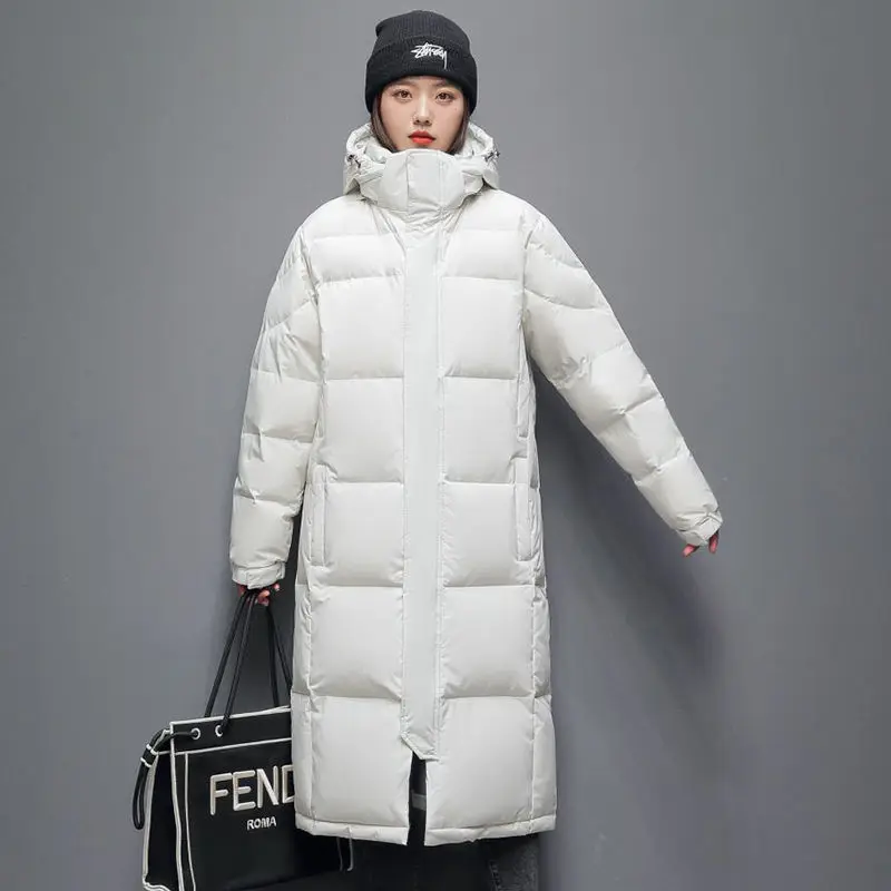 2021 New Fashion Winter Men's and Women's Down Jacket Pure Color Over The Knee Long Couple Warm White Duck Down New Clothing 256