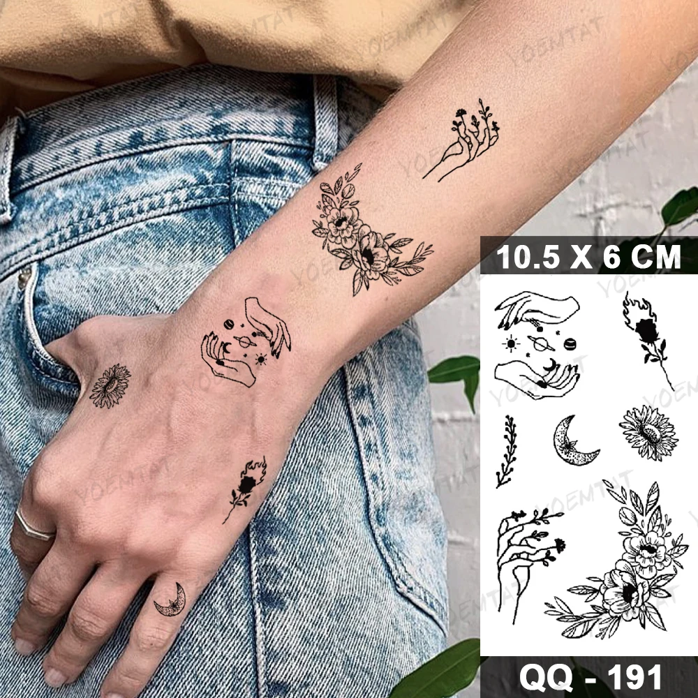 Transferable Waterproof Temporary Tattoo Sticker Rose Sun Moon Small Tatoo Kids Hand Fake Tatto Body Art Men and Women