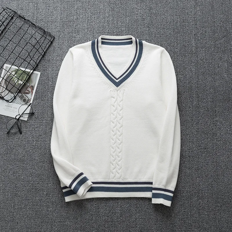 2021 Korean School Uniform Long Sleeve Sweater Vest Fashion V-neck British Style Pullover School Girl Boy White Sweater Vest Top