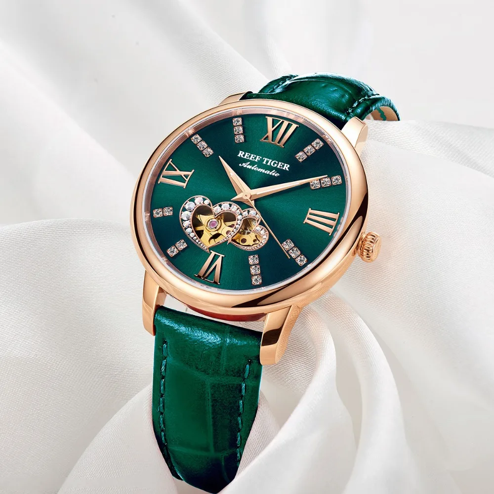 Reef Tiger/RT 2021 New Design Fashion Ladies Watch Rose Gold Green Dial Automatic Mechanical Watch Leather Band Montre Femme