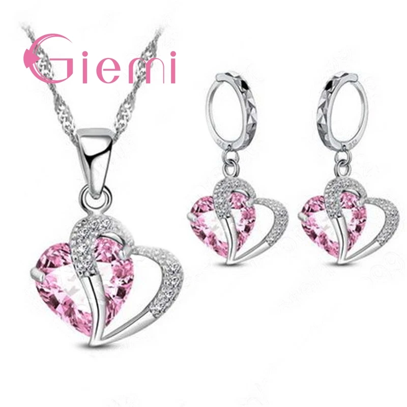 Sweet 925 Sterling Silver Color Heart Pendant Necklace Earrings Set Colorful Cubic Zircon Jewelry Set Wedding Engagement Gift