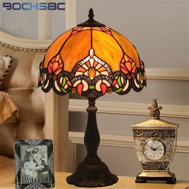 BOCHSBC Tiffany Style Table Lamp Stained Glass Chili Gemstone Desk Light Orange Color Lampshade Alloy Frame Base Handcraft Arts