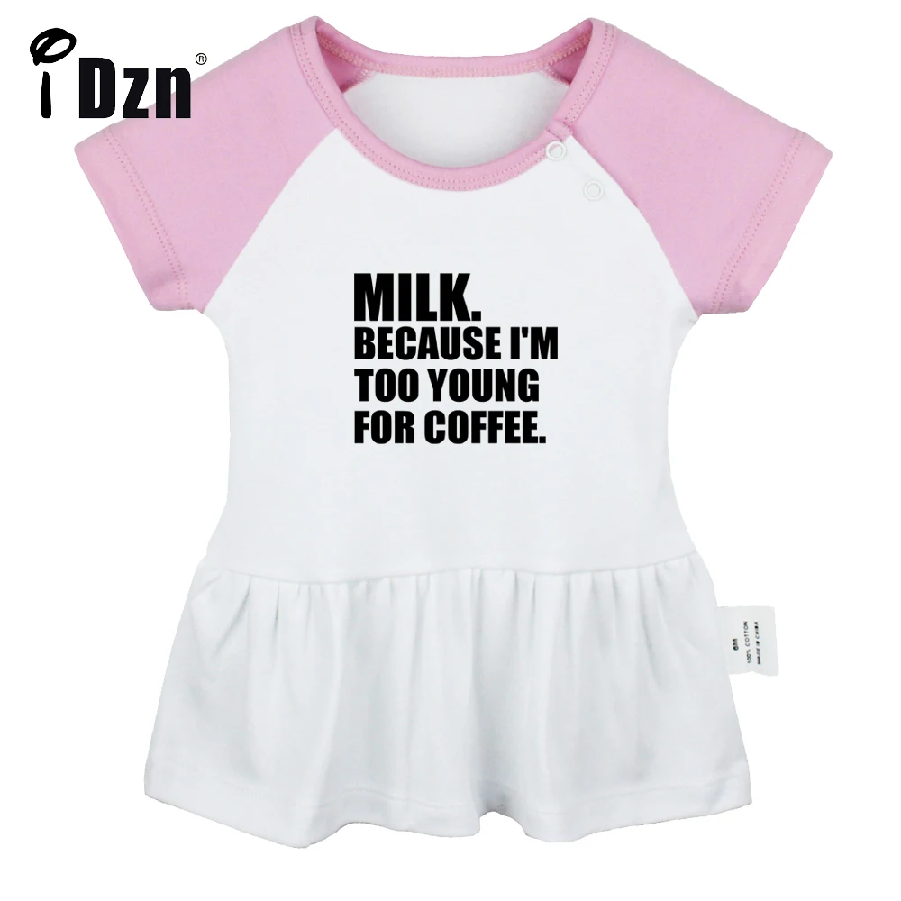 

Milk Because I'm Too Young For Coffee Baby Girls Funny Short Sleeve Dress Infant Cute Pleated Dress Soft Cotton Dresses Clothes