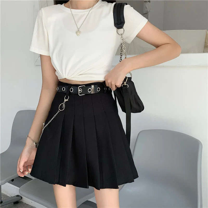 YBYR Punk Summer Gothic Skirts For Women Streetwear Casual Zipper High Waist Black Skirt y2k Sexy Mini Pleated Skirt Belt Chain