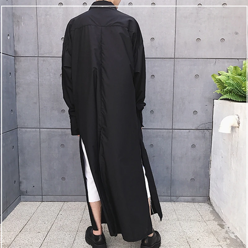 Over the knee casual Korean long men\'s fashion BF super long shirt skirt loose Pajama wind shirt shirt dark men\'s wear