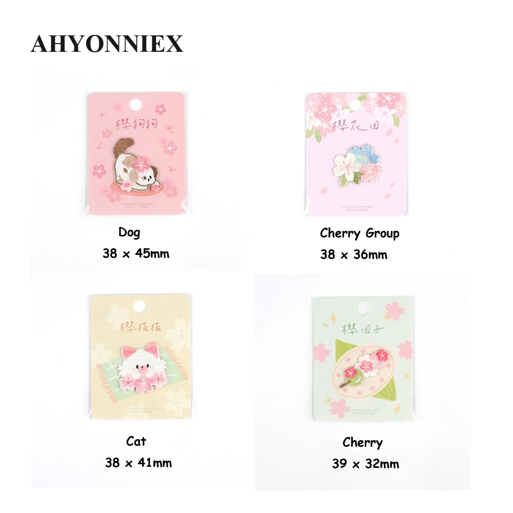 AHYONNIEX New Cherry Flower Embroidery Patches for Bag Jeans Dog Cat Iron On Patches for Clothes Small DIY Patches