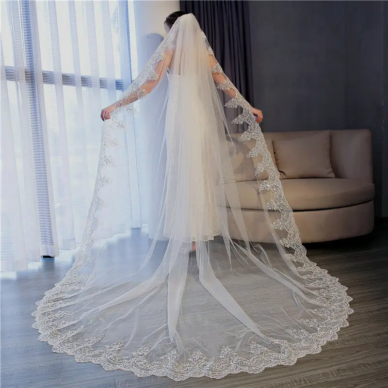 Luxury long white bridal veil 3 meters long lace veil wedding accessories + metal comb