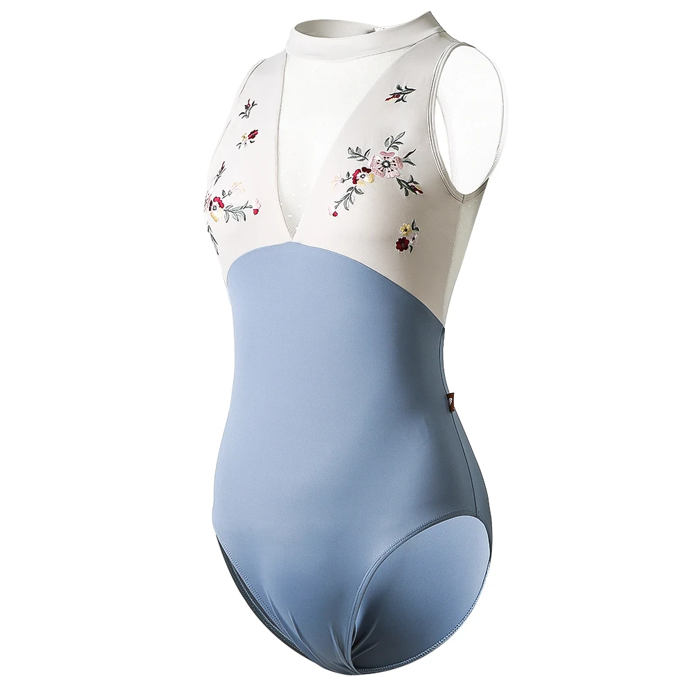 Emborideried Flower Sleeveless Tank Dance Leotard Women High Neck Elegant Blue Leotards for Girls Gymnastics Ballet Coverall