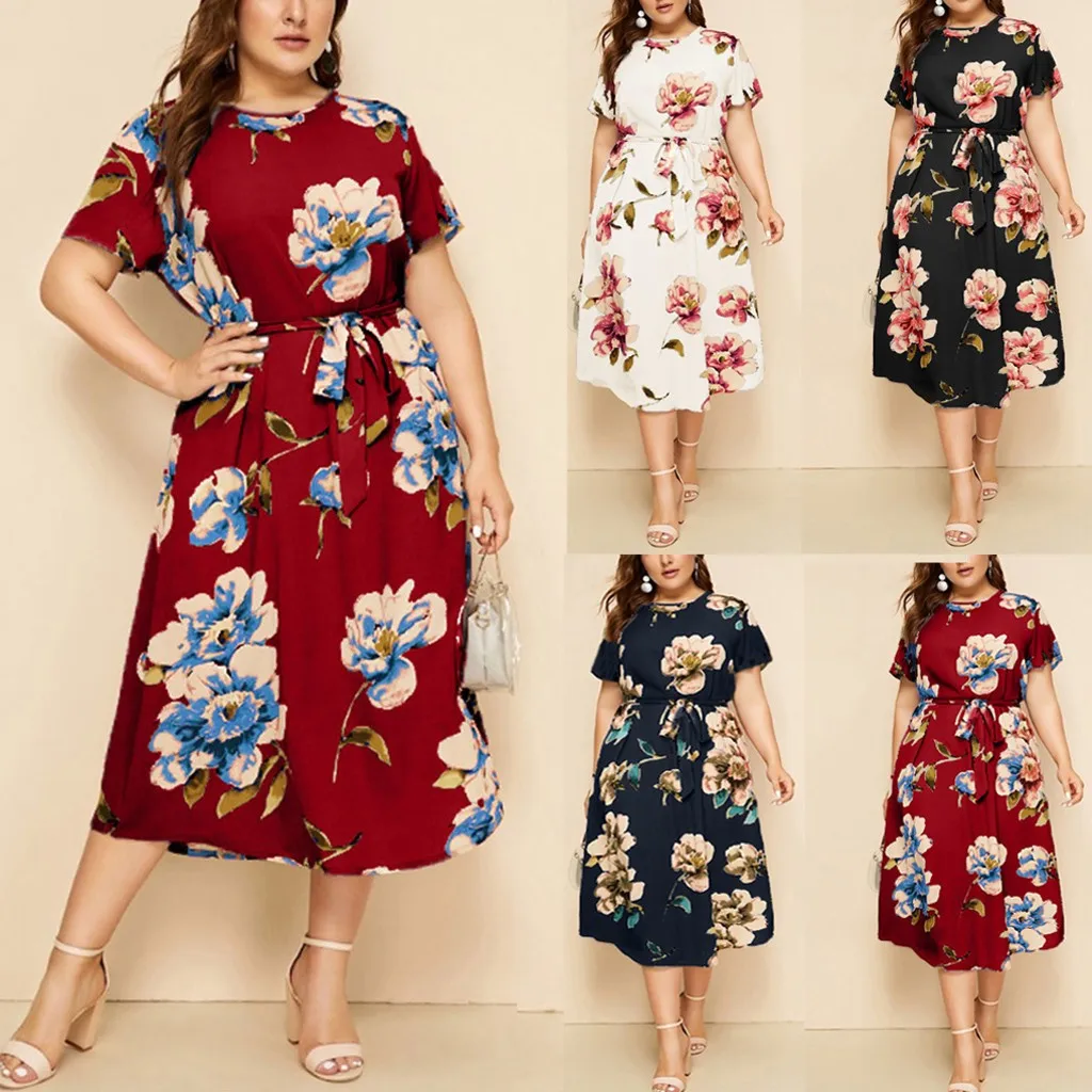 Femmes Plus La Taille Robes Bohe Imprimé Floral À Manches Courtes O-Cou Robes Lâche Femme Surdimensionné XL-XXXXL robes de haute qualité