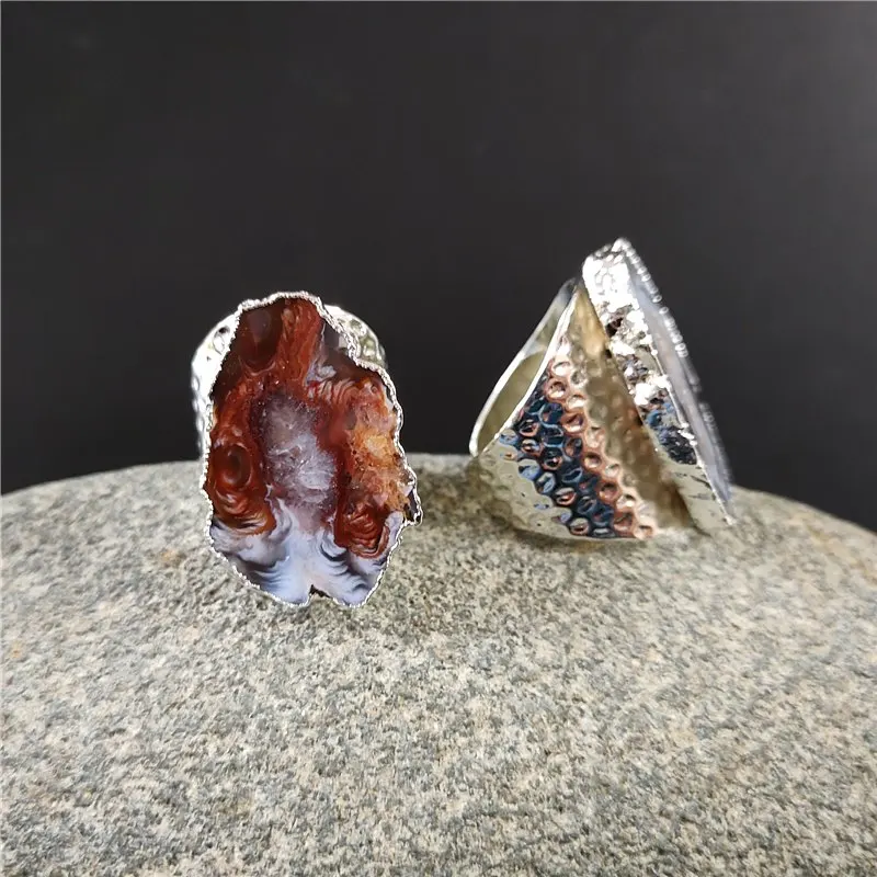 

FUWO 5 Pieces/Lot Silver-Plated Natural Geode Ring,Amazing Design Onyx Druzy Stone Adjustable Rings Jewelry Wholesale RG028