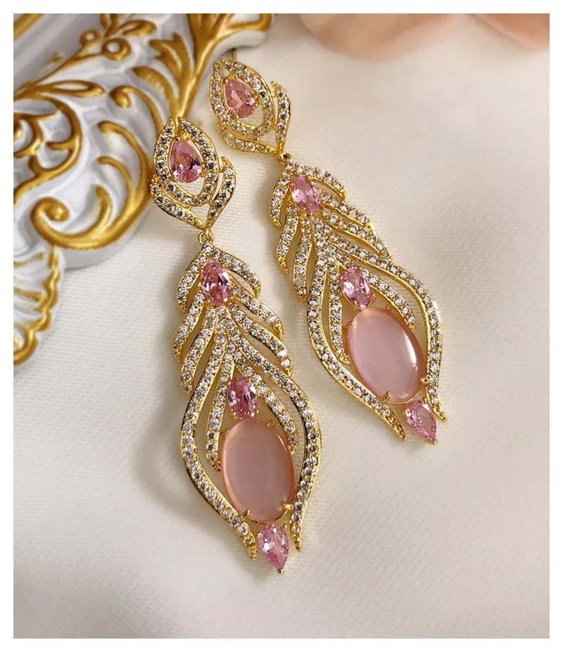 Vintage Fine Jewelry Rings For Women Solid S925 Needles Palace Pink Cubic Zirconia Eardrop Temperament Long Fine Jewelry