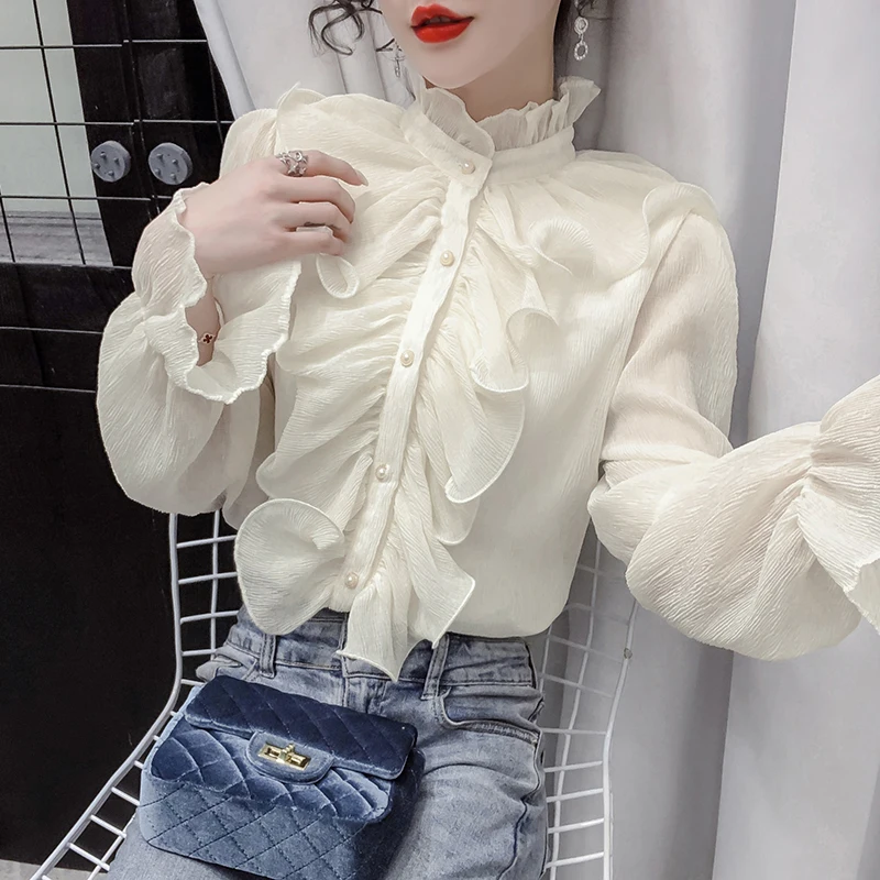 Camicia con volant alla moda moda donna Lolita camicia medievale a maniche lunghe francese camicette da donna gotiche Camisas Hombre Party Festival