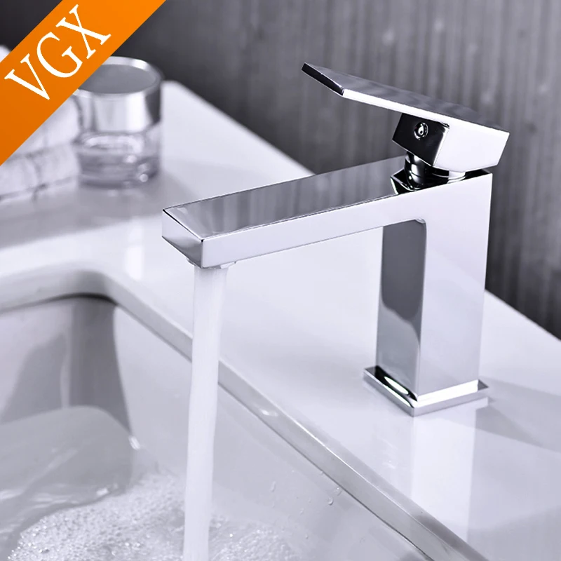 VGX Bathroom Basin Mixer Sink Faucet Gourmet Washbasin Taps Hot Cold Water Faucet Square Tapware For Bathroom Brass Chrome Black