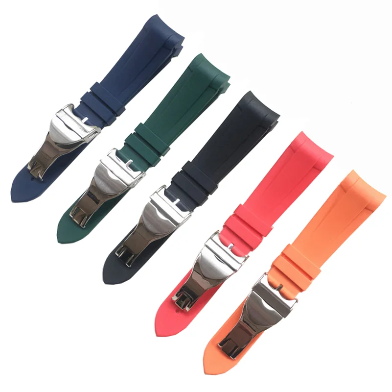 22mm High Quality Curved End Soft Silicone Rubber Wrist Watch Band Silver Clasp For Tudor Strap Biwan Bronze Small Red Flower