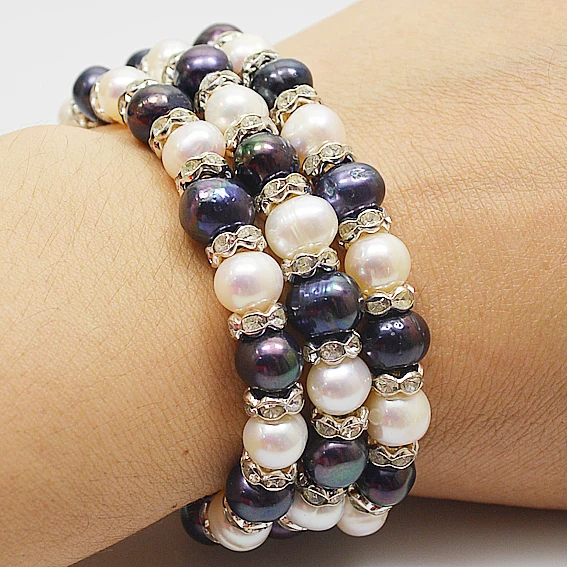 New Arriver Real Pearl Bracelet White Black Genuine Freshwater Pearl Rhinestone Beads Elastic Bracelet Perfect Mother's Day Gift