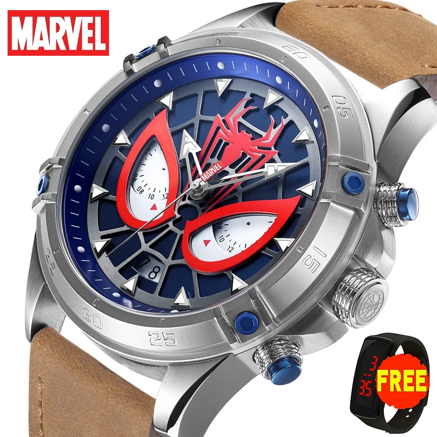 Marvel Top Brand Disney original Spider Man Watches Mens Luxury 5Bar Waterproof Leather Wristwatch Fashion Casual Sport Watch