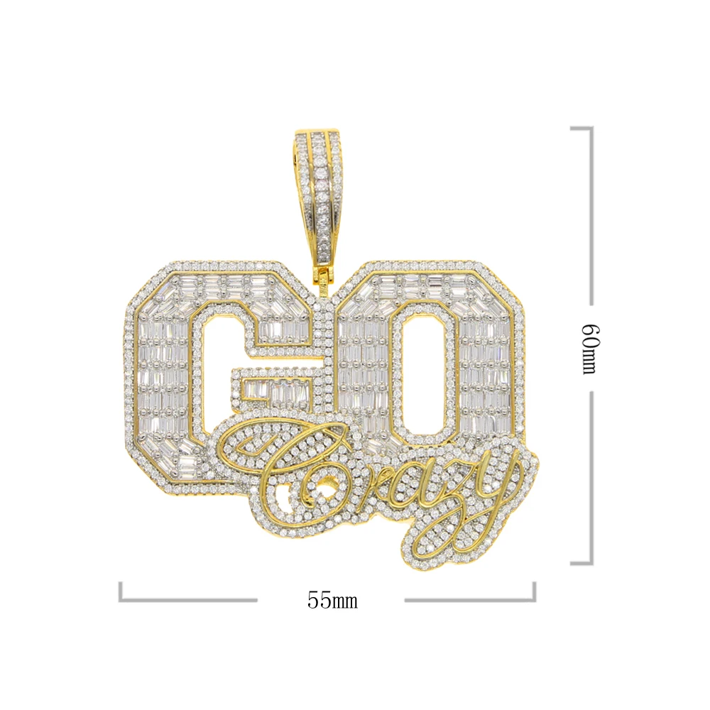 Iced Out Bling Letters GO Crazy Pendant Necklace Two Tone Silver Color CZ Zircon Charm Men's Women Hip Hop Jewelry
