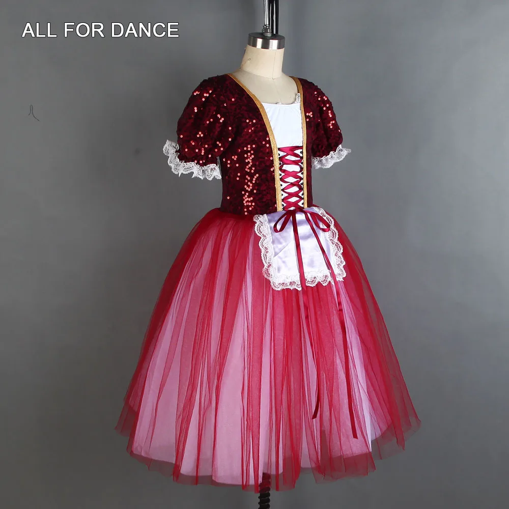 19846 All For Dance Dark Red Sequin Bodice Top With Red&White Tulle Ballet Dance Dress For Girls&Women Stage Performance