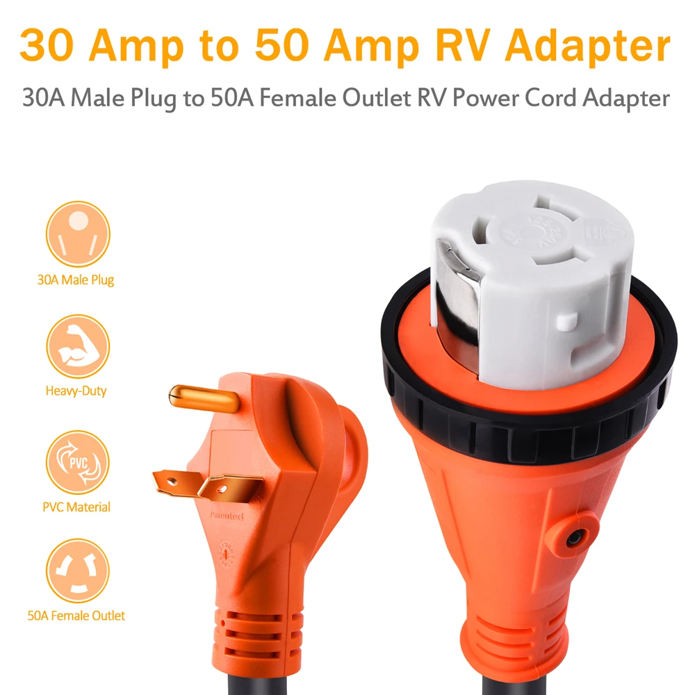 MICTUNING 30 A Male to 50 A Female RV Power Cord Plug AdapterHeavy Duty Trailer RV Electrical Power Adapter with LED Indicator