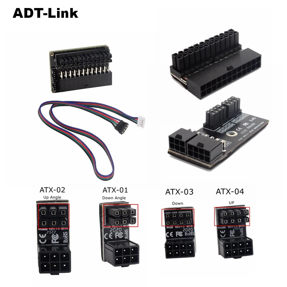 Adaptador de energia atx fêmea 6pin 8pin 20 pinos, nova versão, 180 graus de ângulo, adaptador para placa gráfica desktops