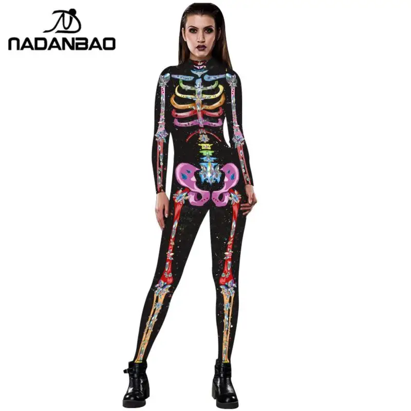 NADANBAO New Rose Esqueleto Traje Macacão 3D Impressão Assustador Trajes de Halloween Para As Mulheres Mecânico Crânio Bodysuit