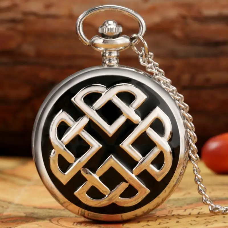 Black Silver Irish Knot Rope Stripe Design Quartz Pocket Watch Vintage Sweater Chain Pendant Antique Pocket Clock for Men Women