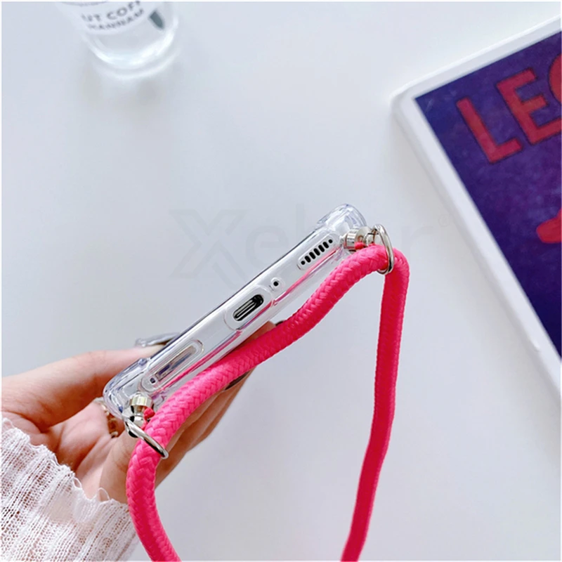 Casing ponsel transparan tali kabel Lanyard tali leher untuk Samsung S24 S23 S22 Plus S21 FE S20 Ultra S10 penutup silikon lunak