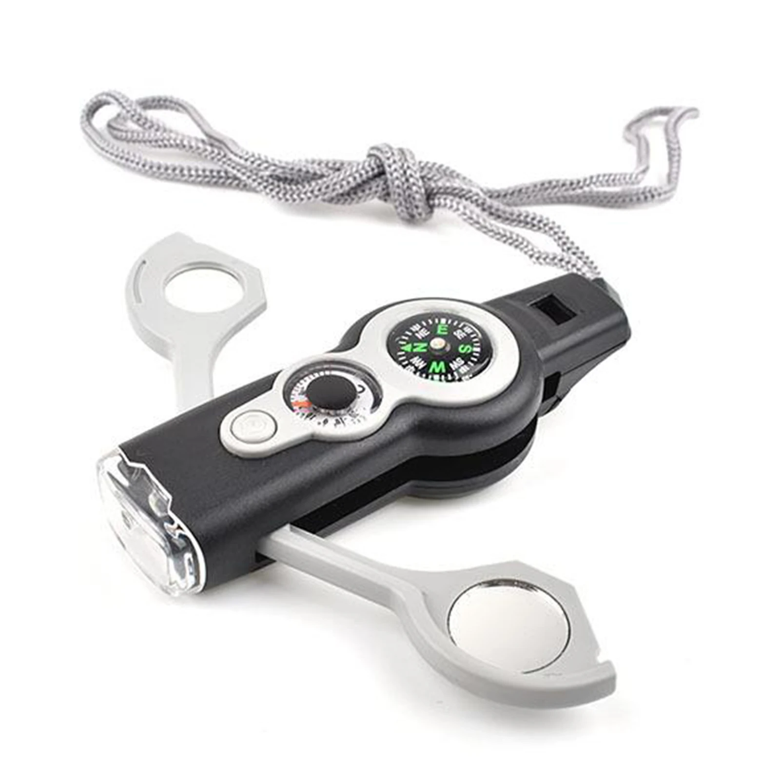 7in1 Emergency Survival Hiking Safety Whistle & Magnifier Flashlight Compass Outdoor Tools